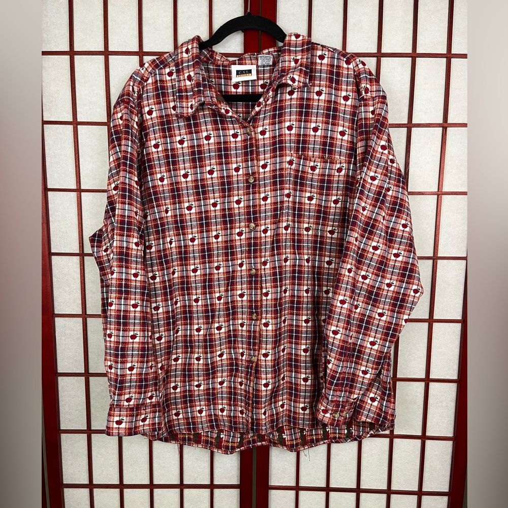 C.S.T Red Plaid Apple Flannel Long Sleeve Button Down